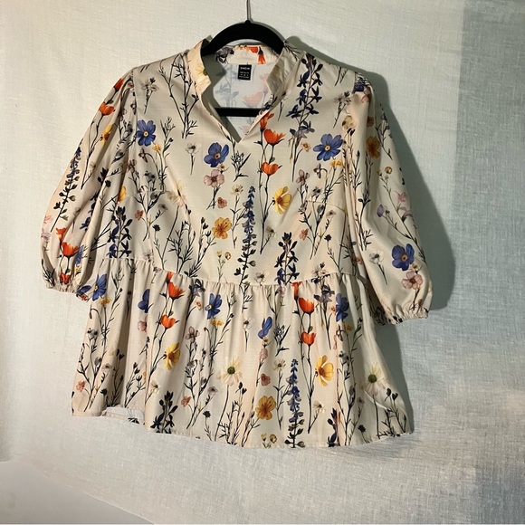 SHEIN Tops - SHEIN Cream and Orange Floral Print Puff Sleeve Blouse with Mandarin Collar